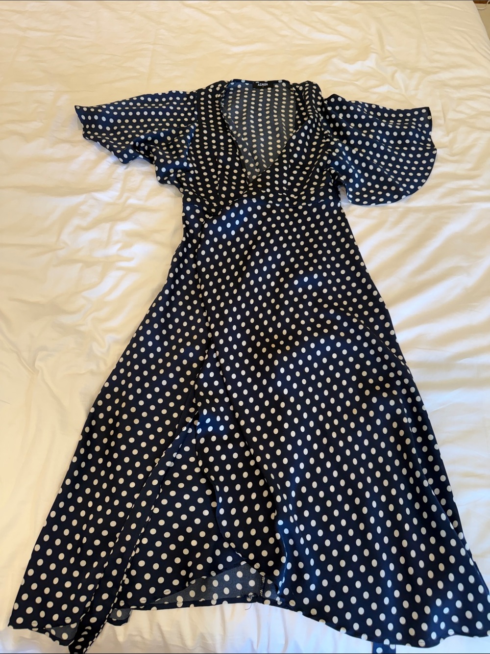 Navy Polka Dot Maxi Wrap Dress with Flutter Sleeves